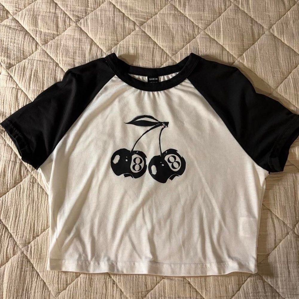 SHEIN Black & White Raglan Tee with Cherry Graphic